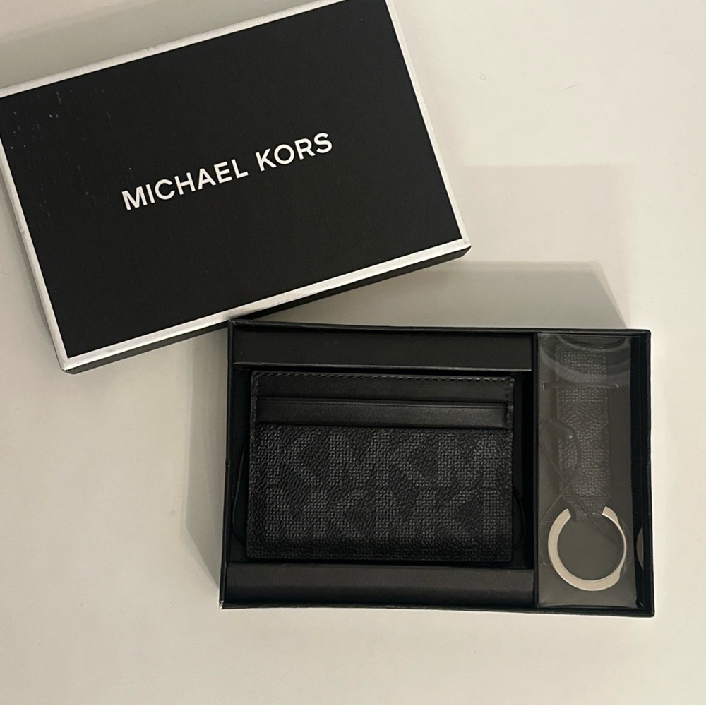 Michael Kors MK Logo Black Card Holder and Keychain Set